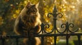 a fairytale-like garden, a cute long-haired cat perches on a vintage wrought-iron fence, its fur glistening in the warm sunlight