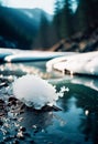 As the warmth of spring breaks through, a serene river showcases melting ice formations. Sunlight glimmers on the Royalty Free Stock Photo