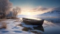 Sunrise on a winter lake, the shore is sprinkled with snow. Royalty Free Stock Photo