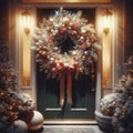 Beautiful Christmas wreath hanging on seasonal door