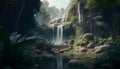 The Enchanted Jungle: A Breathtaking View of a Tropical Waterfall at the Front of a Lost City. Generative Ai Royalty Free Stock Photo