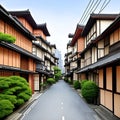 Photo of japanese city street from below Large building