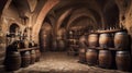 Old wine cellar with bottles and barrels