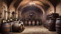 Old wine cellar with bottles and barrels