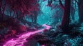 As you wander through the forest the neon path twists and turns leading you deeper into an enchanting world