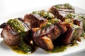 Asado, grilled beef, served with chimichurri sauce. AI generative Argentinean dish