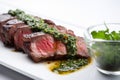 Asado, grilled beef, served with chimichurri sauce, on a white plate. AI generative