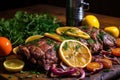 asado mixed grill adorned with herbs and citrus slices