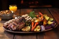 asado mixed grill with grilled veggies on a rustic table