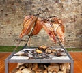 Asado roast barbecue meat on fire, traditional dish in Argentina, Uruguay, Paraguay, Chile, and Brazil