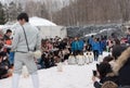 Asahikawa City,Hokkaido, Japan.  MARCH 13, 2019:The parade of penguins while walking through the snow at Asahiyama Zoo, Japan Royalty Free Stock Photo