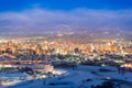 Asahikawa, Japan twilight winter cityscape in Hokkaido Royalty Free Stock Photo