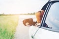 Asain woman traveler with car on Beautiful road Royalty Free Stock Photo