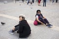 Asain women mother and daughter sitting and take photo at courtyard