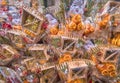 Auspicious rakes decorated with deities like Ebisu, Daikokuten or Otafuku in the Tori-no-Ichi Fair of Ootori shrine. Royalty Free Stock Photo