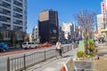 Panoramic view of City and Japanese people riding a bicycle on sidewalk in Asakusa area, This is a famous place in Tokyo,Japan