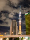 Asakusa, Tokyo, Japan-September 8, 2018 : Tokyo skytree at night in Tokyo, Japan. Long exposition picture.