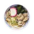 Asari Udon, Japanese littleneck clams in udon noodles soup, isolated on white background with clipping path