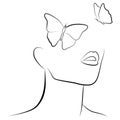 Asbtract face with a butterfly. Fashionable print. Minimalist female beauty.