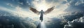 Ascending angel in bright sky with god and second coming concept text placement available