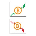 Ascending and descending charts with bitcoin coin on a white background