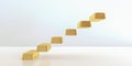 Ascending gold bar stairs of rising staircase going upward in white empty room, growth and successful concept. Royalty Free Stock Photo