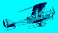 Ascending historical single-engine biplane. Illustration on a blue background after a lithography from the early 20th century