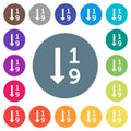 Ascending numbered list flat white icons on round color backgrounds