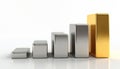 Ascending silver, gold bars arranged in graph formation on clean white background. Three-dimensional rendering financial growth, Royalty Free Stock Photo