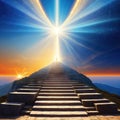 ascending stairs to the God is bright heavenly light background religion wonderful sky the dawn sky born light solar flare