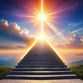 ascending stairs to the God is bright heavenly light background religion wonderful sky the dawn sky born light solar flare