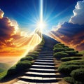 ascending stairs to the God is bright heavenly light background religion wonderful sky the dawn sky born light solar flare