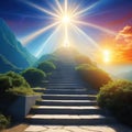 ascending stairs to the God is bright heavenly light background religion wonderful sky the dawn sky born light solar flare