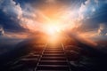 Ascending stairs to the sun God is great bright heavenly light background religion. Generative AI