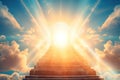 Ascending stairs to the sun God is great bright heavenly light background religion. Generative AI