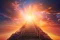 Ascending stairs to the sun God is great bright heavenly light background religion. Generative AI