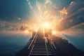 Ascending stairs to the sun God is great bright heavenly light background religion. Generative AI