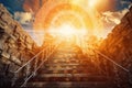 Ascending stairs to the sun God is great bright heavenly light background religion. Generative AI