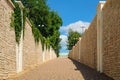 Ascent of stone Mountain (Kamennaya Gora) street in Zadonsk city with supporting stone retaining walls