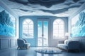 Ascetic interior design with ice imitation decorations and mountain scenery behind the window