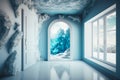 Ascetic interior design with ice imitation decorations and mountain scenery behind the window