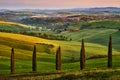 Asciano, landscape in Tuscany, near the Siana and Pienza, Sunrise morning in Italy. Idyllic view on hilly meadow in Tuscany in Royalty Free Stock Photo