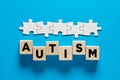 ASD or autism spectrum disorder. The word autism on wooden cubes