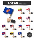 ASEAN . Association of Southeast Asian Nations . Hand of businessman hold and wave flag pole on white isolated background . Flat