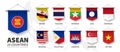 ASEAN . Association of Southeast Asian Nations . and membership flags . 3D realistic pennant hanging design . White isolated