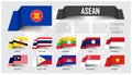 ASEAN . Association of Southeast Asian Nations . And membership . floating paper flags design . World map background . Vector Royalty Free Stock Photo