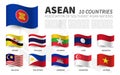 ASEAN . Association of Southeast Asian Nations and membership . Waving flags design . Southeast asia map background . Vector