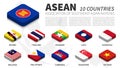 ASEAN flag and membership and southeast asia map background . Isometric top design . Vector