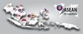 ASEAN and membership flag on 3D map Southeast asia perspective view and GPS navigator pin on gray color gradient background . Royalty Free Stock Photo