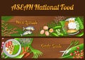 Asean National food ingredients elements set banner on wooden background,Malaysia and Indonesia